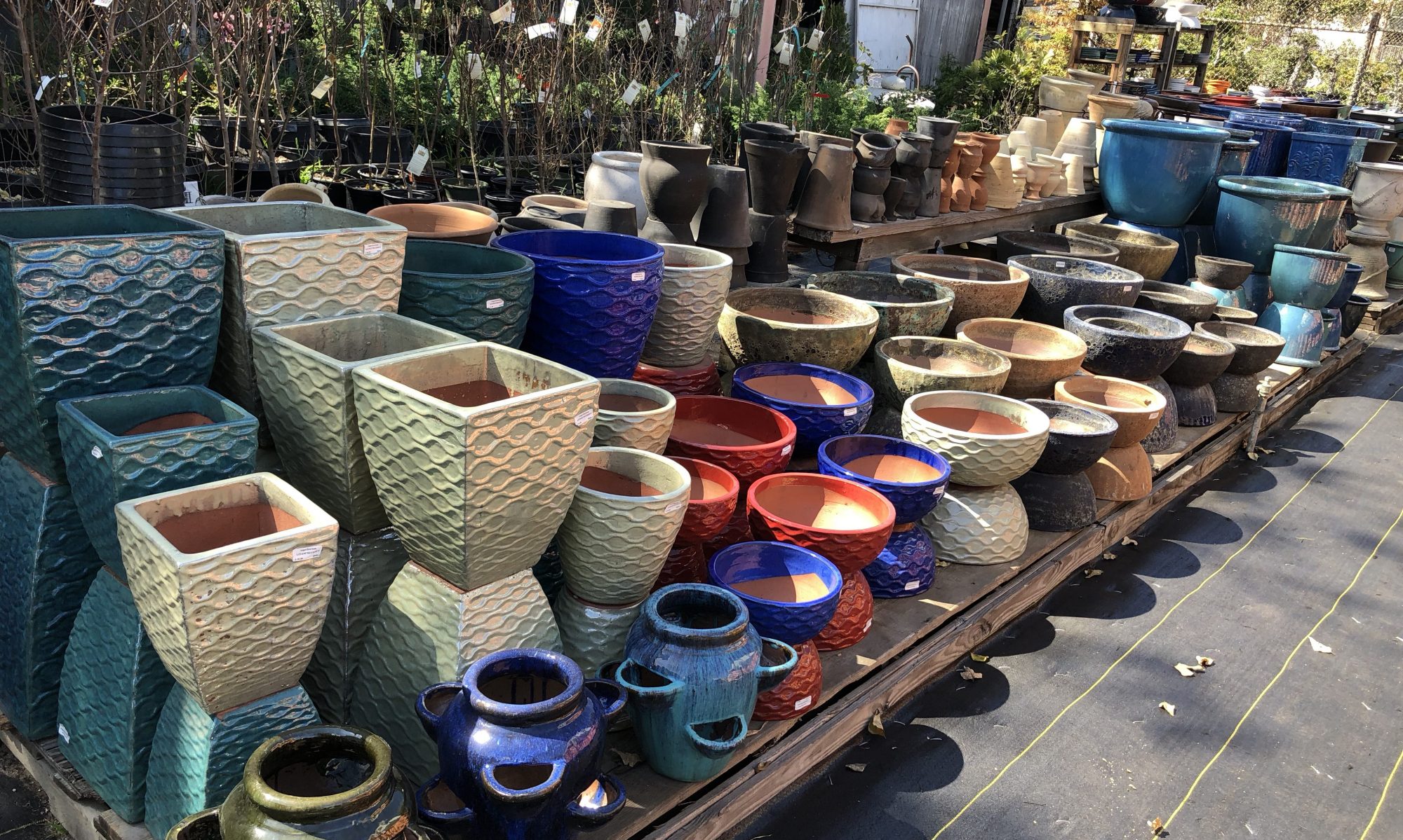 Rows of glazed and terracotta pottery in the Southern California Pottery yard